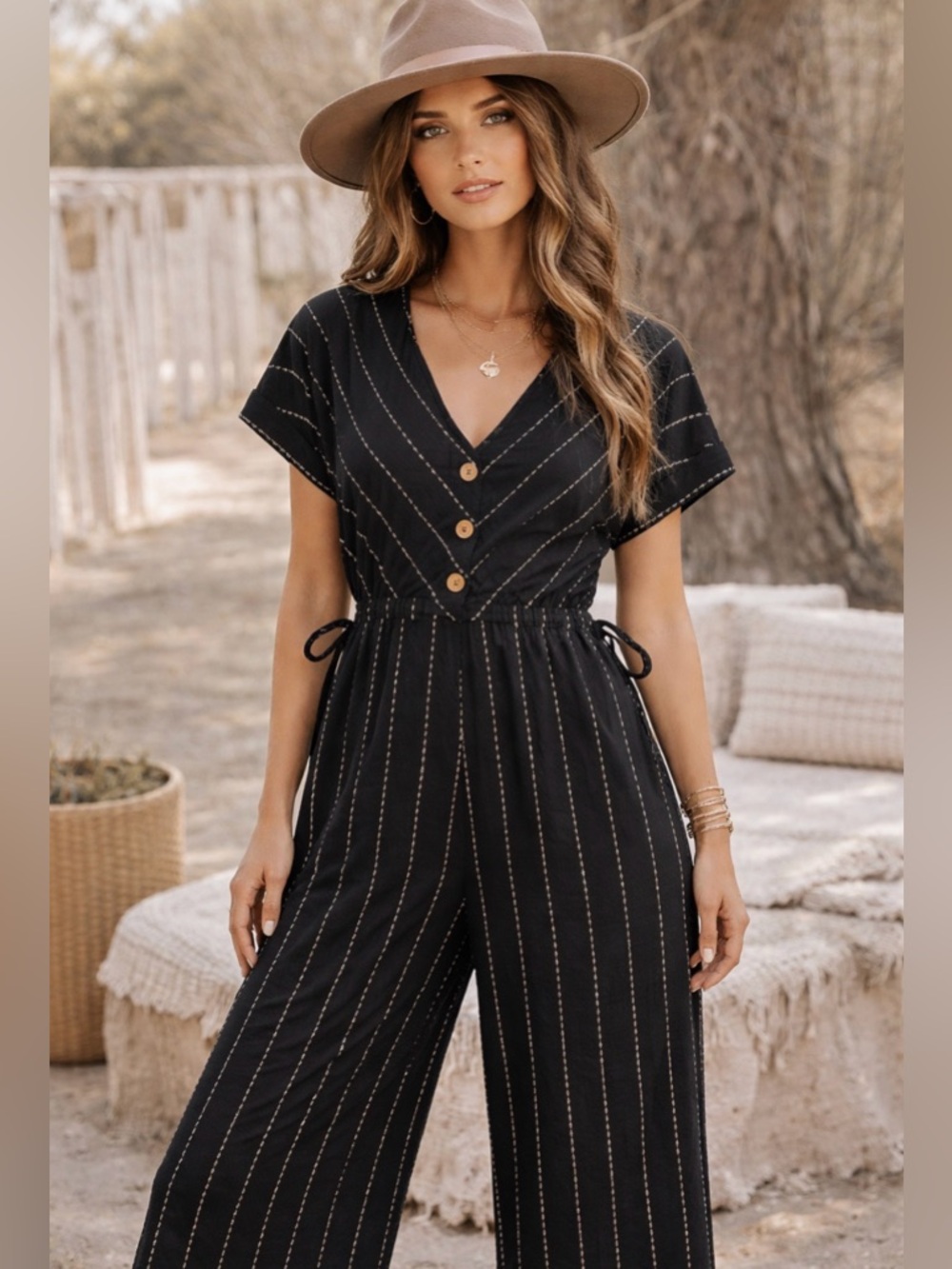 Bohemian Black Jumpsuit with White Dots and Pockets